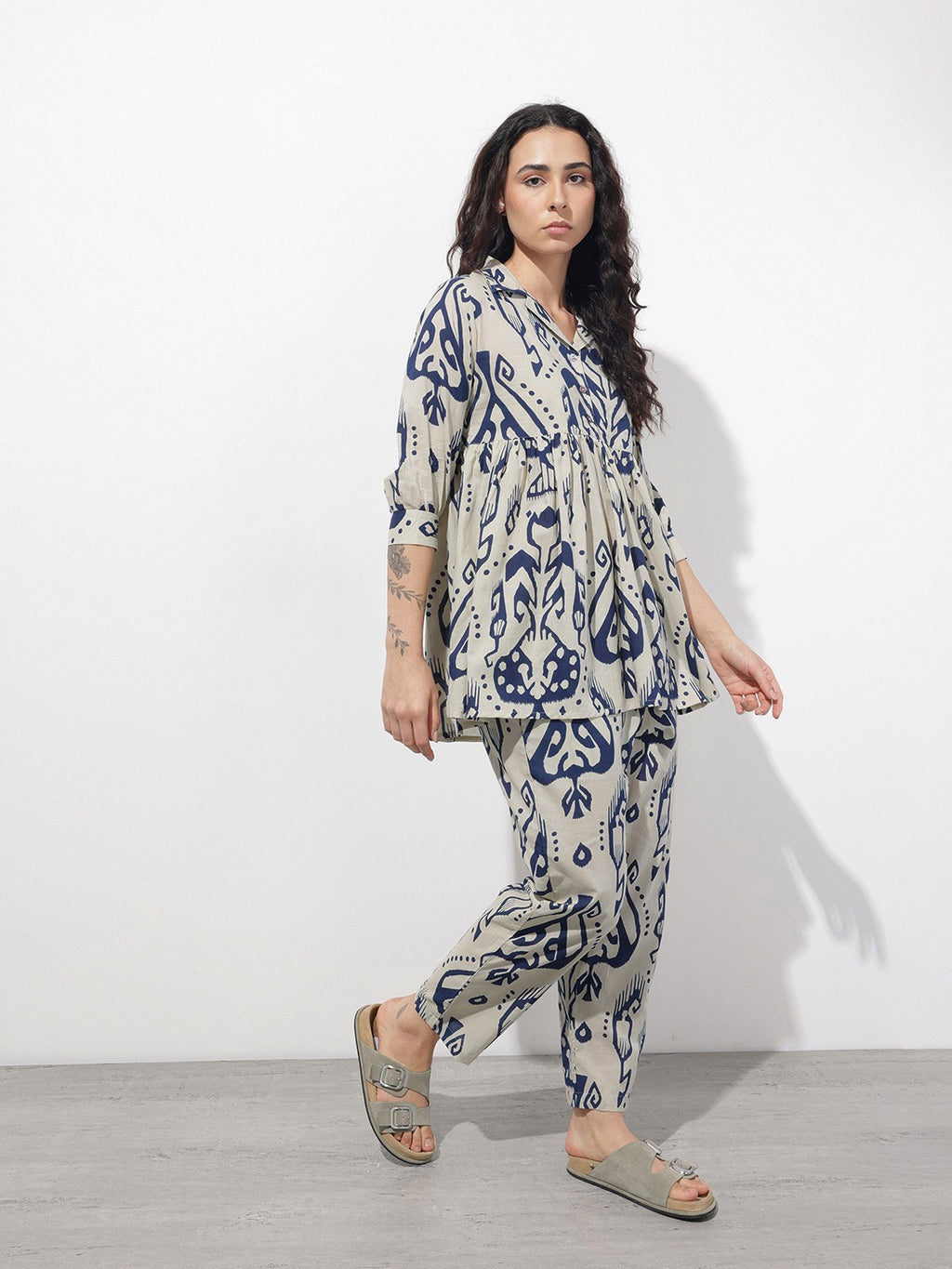 Navy Blue Floral Print Lapel Collar Peplum Co-ord Set