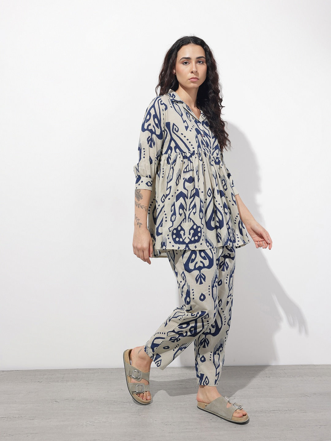 Navy Blue Floral Print Lapel Collar Peplum Co-ord Set