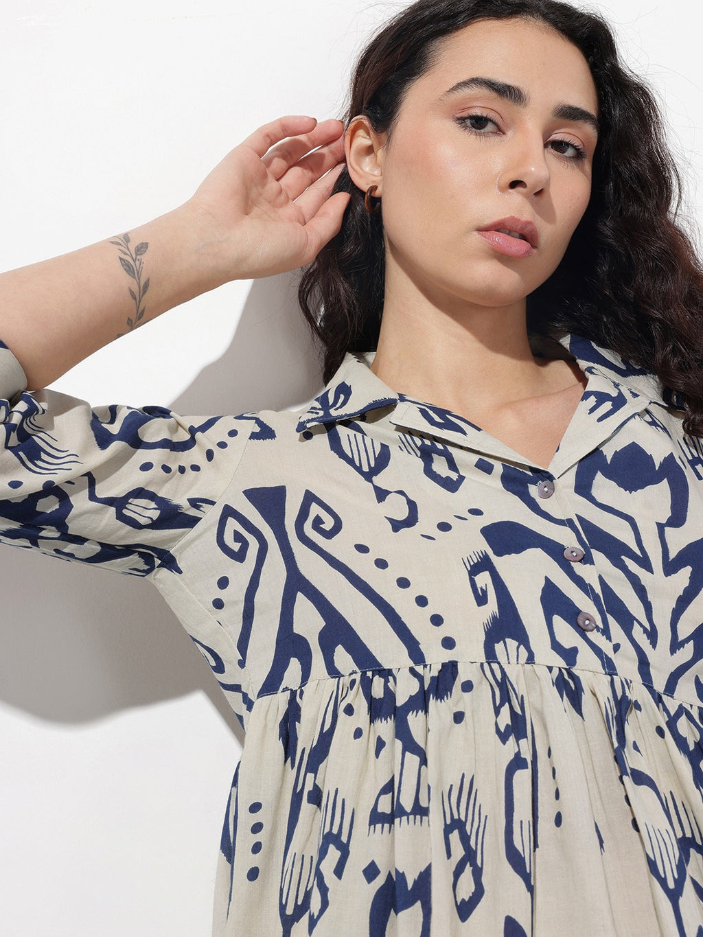 Navy Blue Floral Print Lapel Collar Peplum Co-ord Set