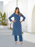 Blue Round Neck Straight Kurta Pant Set with Dupatta
