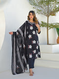 Black Round Neck Straight Kurta Pant Set with Dupatta