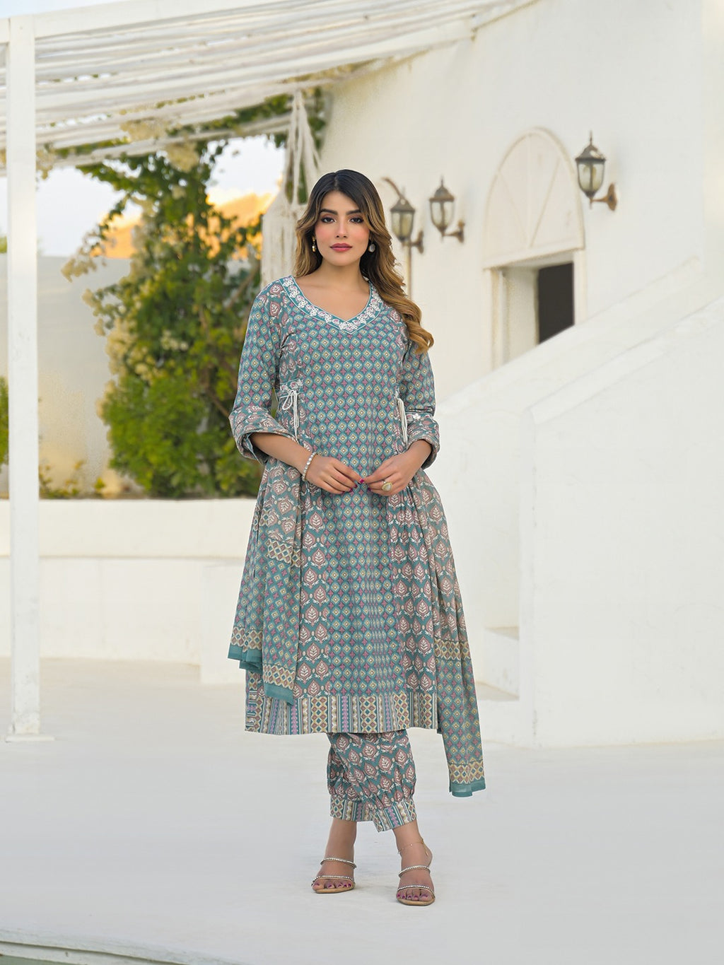 Turquoise A-Line Kurta Pant Set with Dupatta