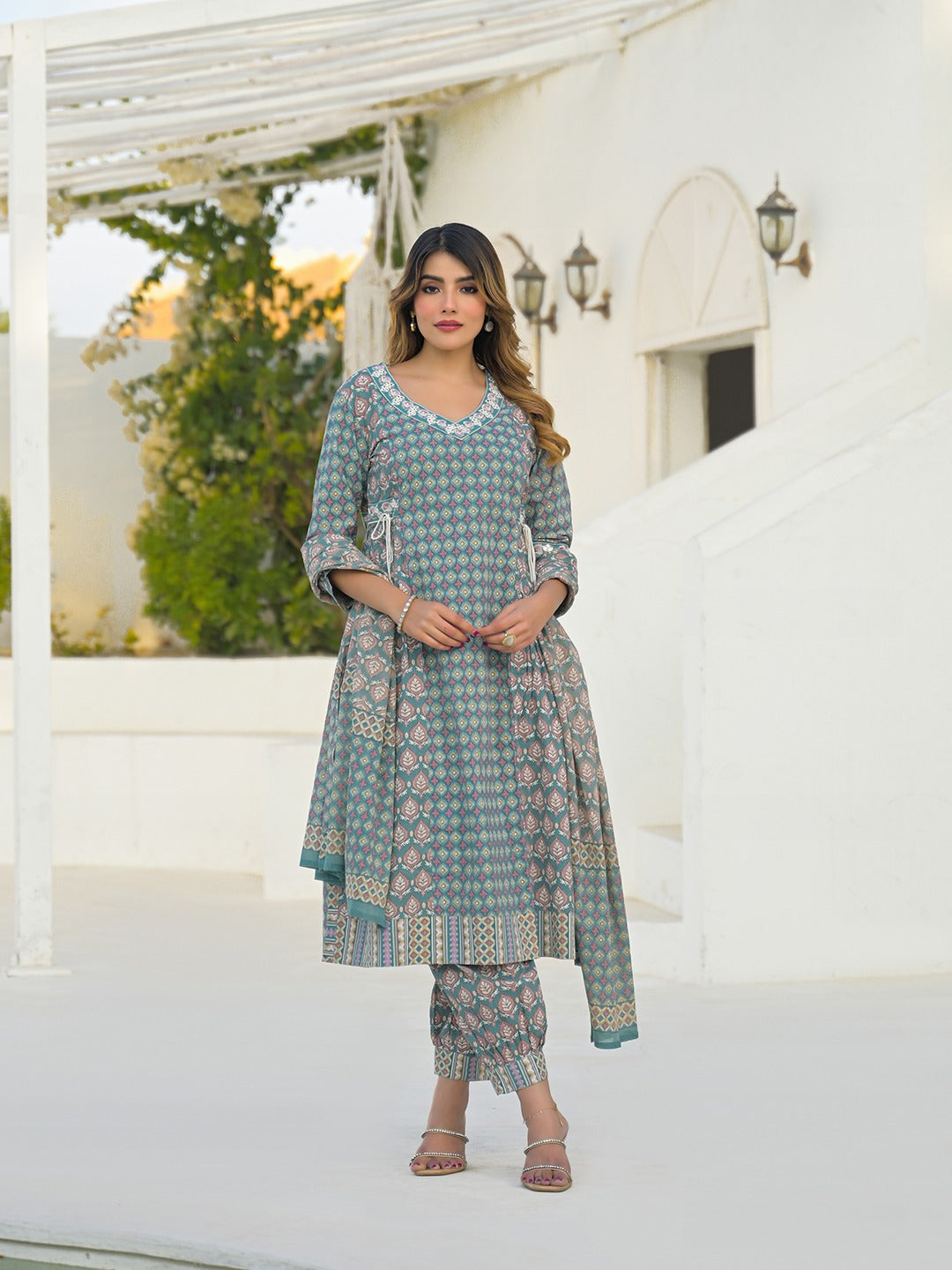 Turquoise A-Line Kurta Pant Set with Dupatta