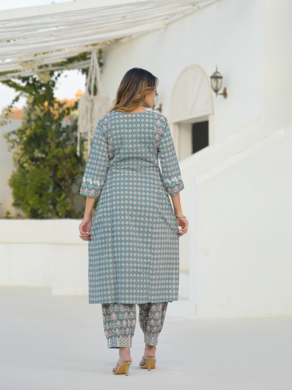 Turquoise A-Line Kurta Pant Set with Dupatta