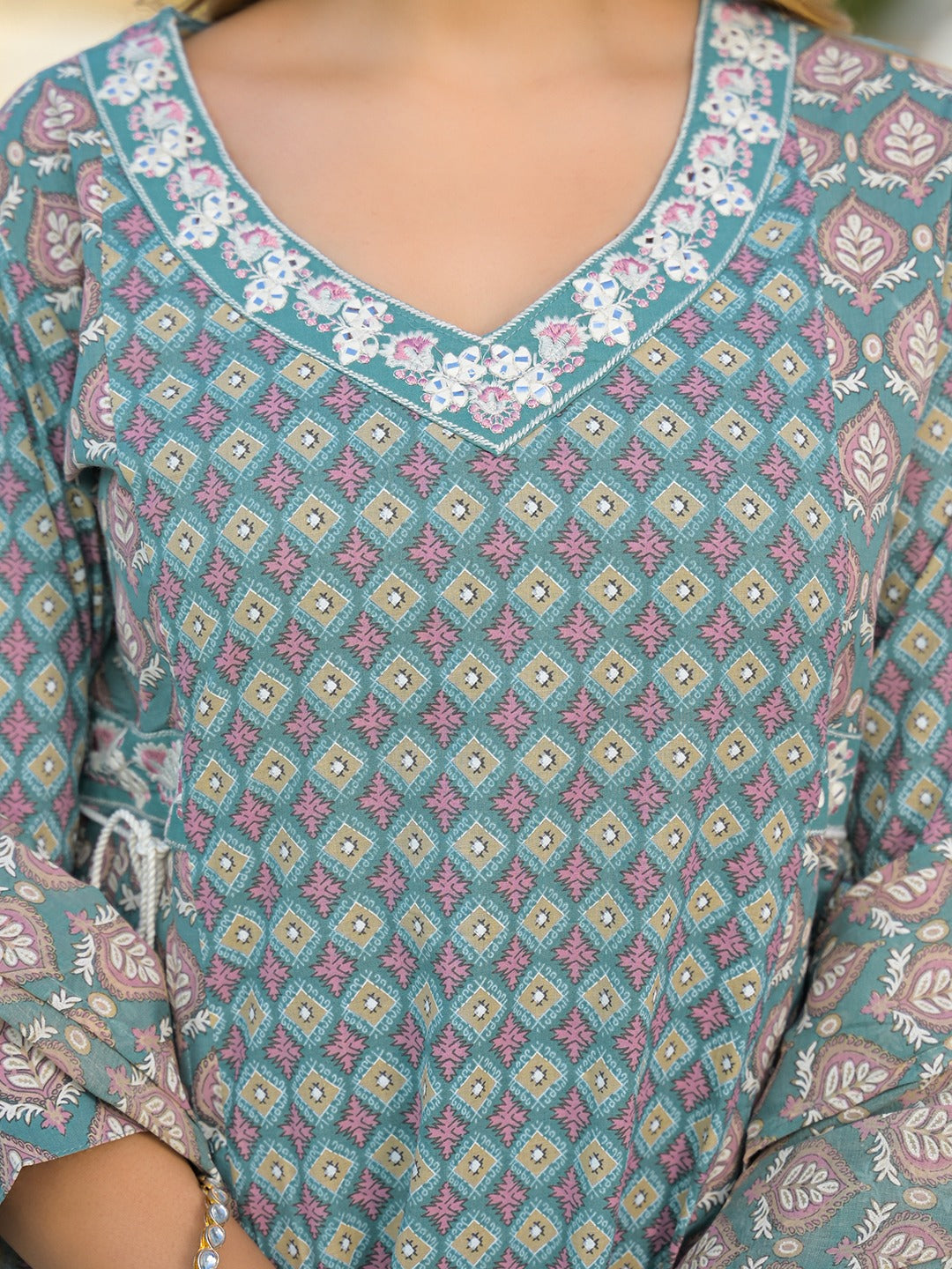 Turquoise A-Line Kurta Pant Set with Dupatta