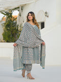 Turquoise A-Line Kurta Pant Set with Dupatta