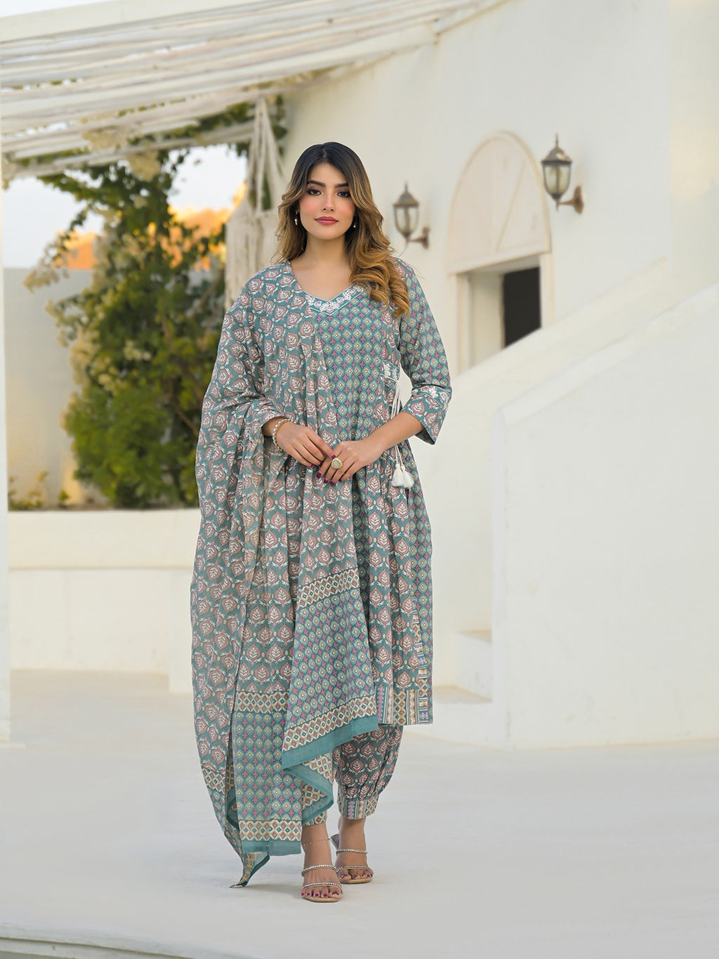 Turquoise A-Line Kurta Pant Set with Dupatta