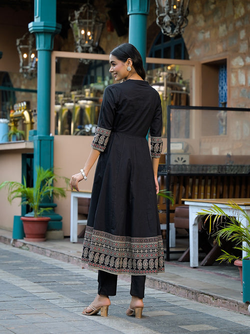 Black Paisley Print Pure Cotton Anarkali Kurta Set With Dupatta