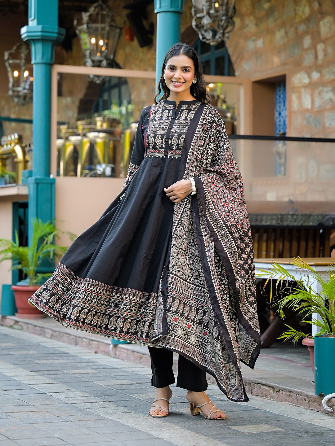 Black Paisley Print Pure Cotton Anarkali Kurta Set With Dupatta