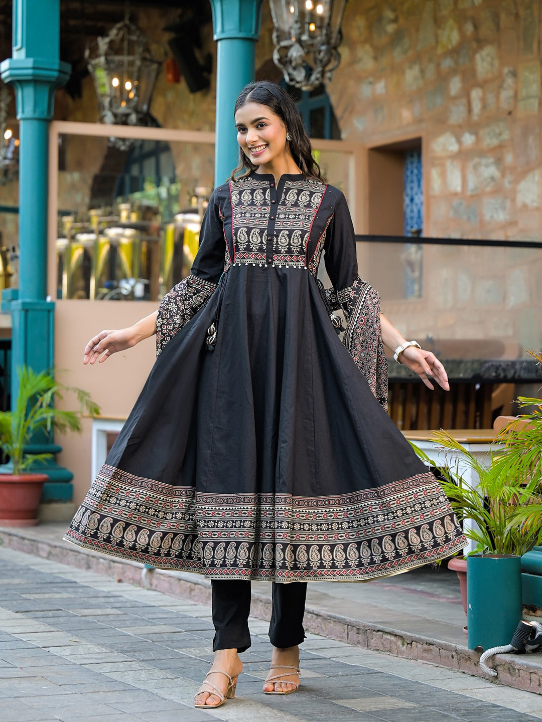Black Paisley Print Pure Cotton Anarkali Kurta Set With Dupatta