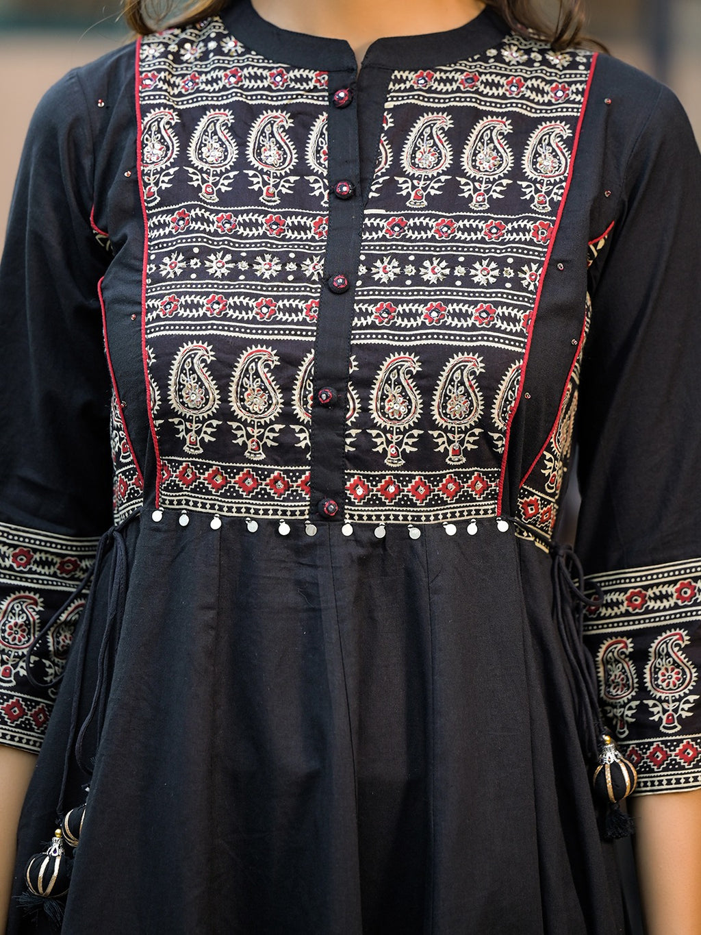 Black Paisley Print Pure Cotton Anarkali Kurta Set With Dupatta