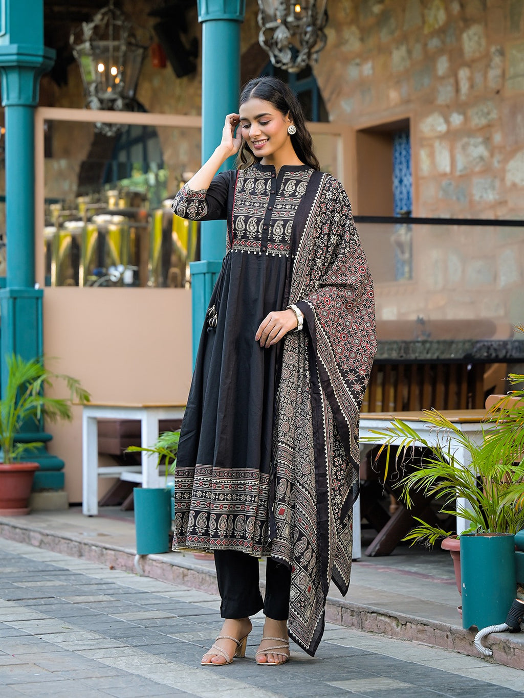 Black Paisley Print Pure Cotton Anarkali Kurta Set With Dupatta