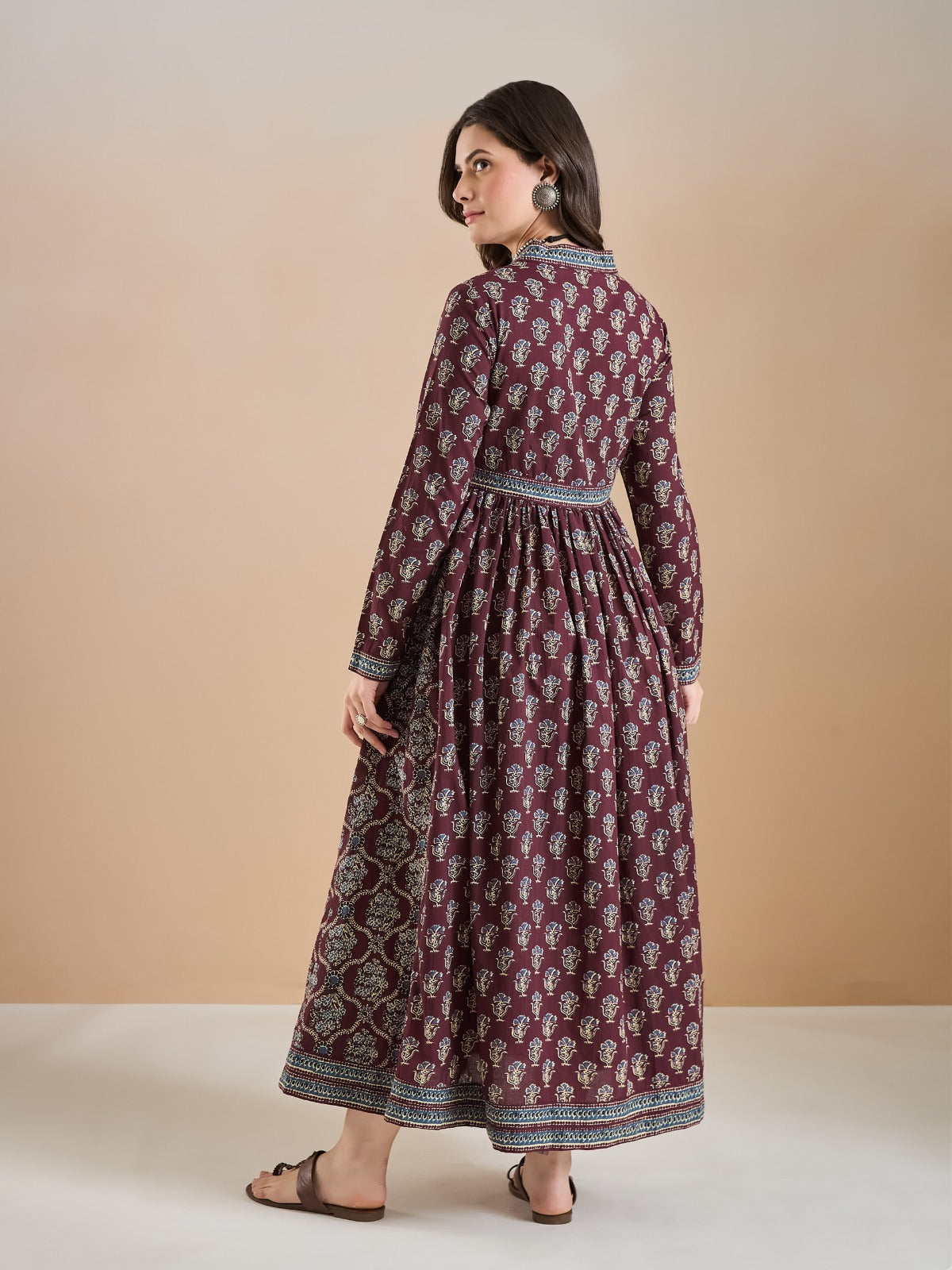 Wine Floral Print Pure Cotton Flared Anarkali Kurta