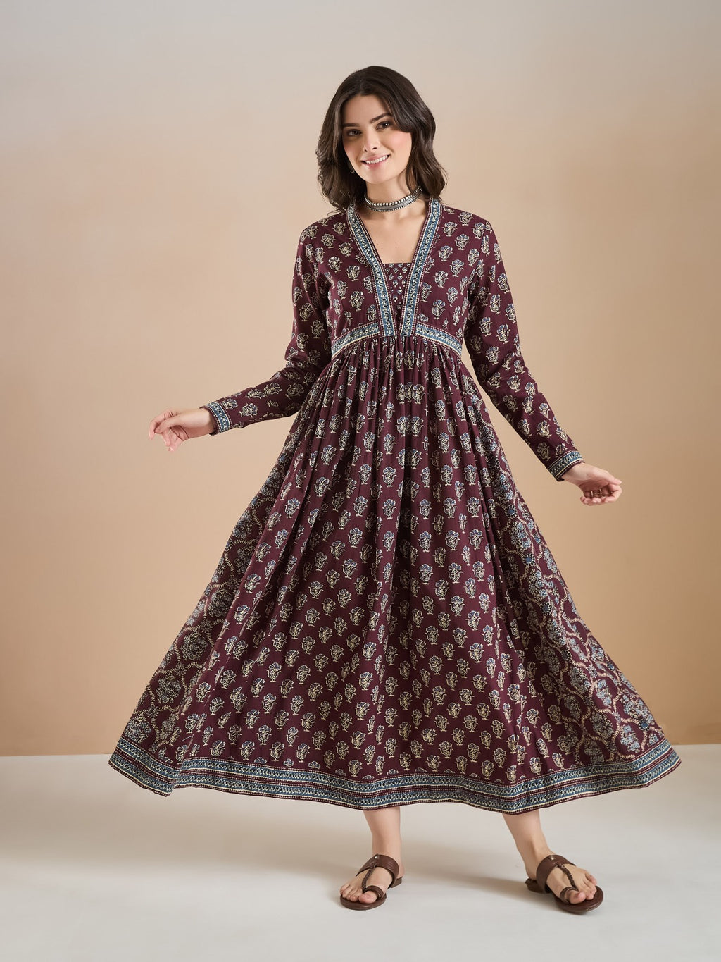 Wine Floral Print Pure Cotton Flared Anarkali Kurta
