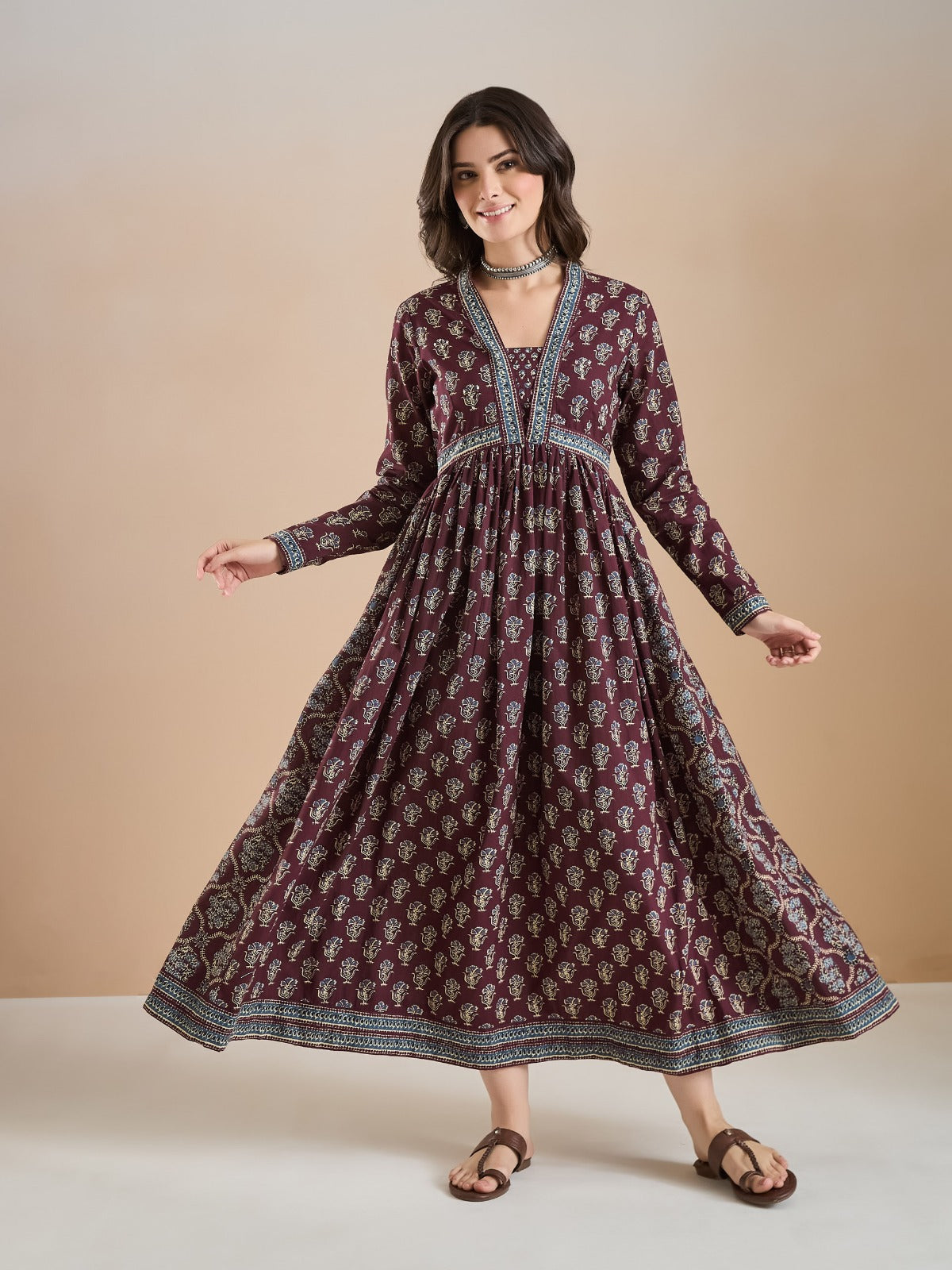 Wine Floral Print Pure Cotton Flared Anarkali Kurta