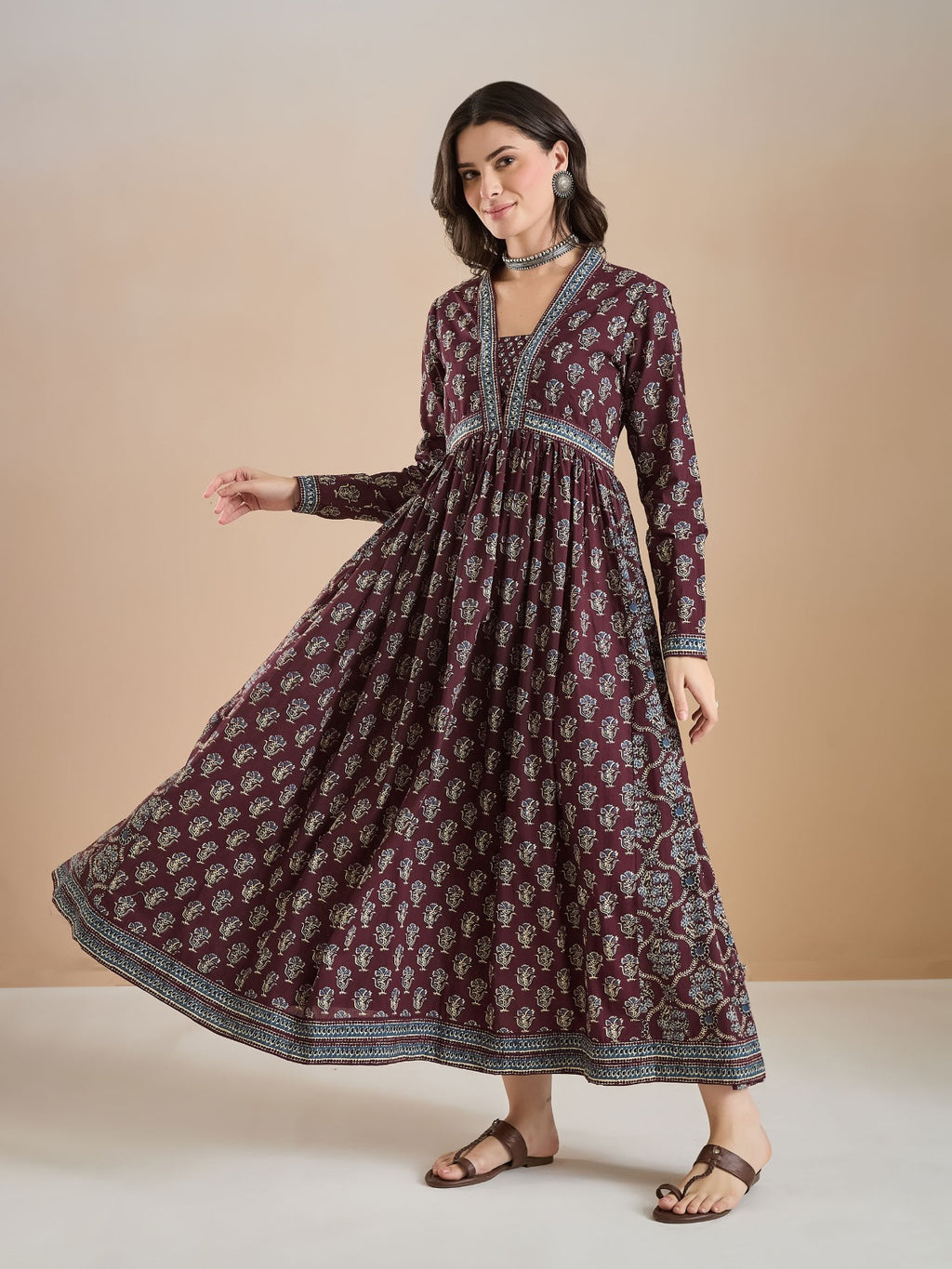 Wine Floral Print Pure Cotton Flared Anarkali Kurta