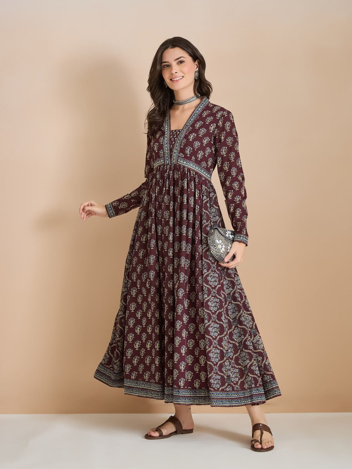 Wine Floral Print Pure Cotton Flared Anarkali Kurta