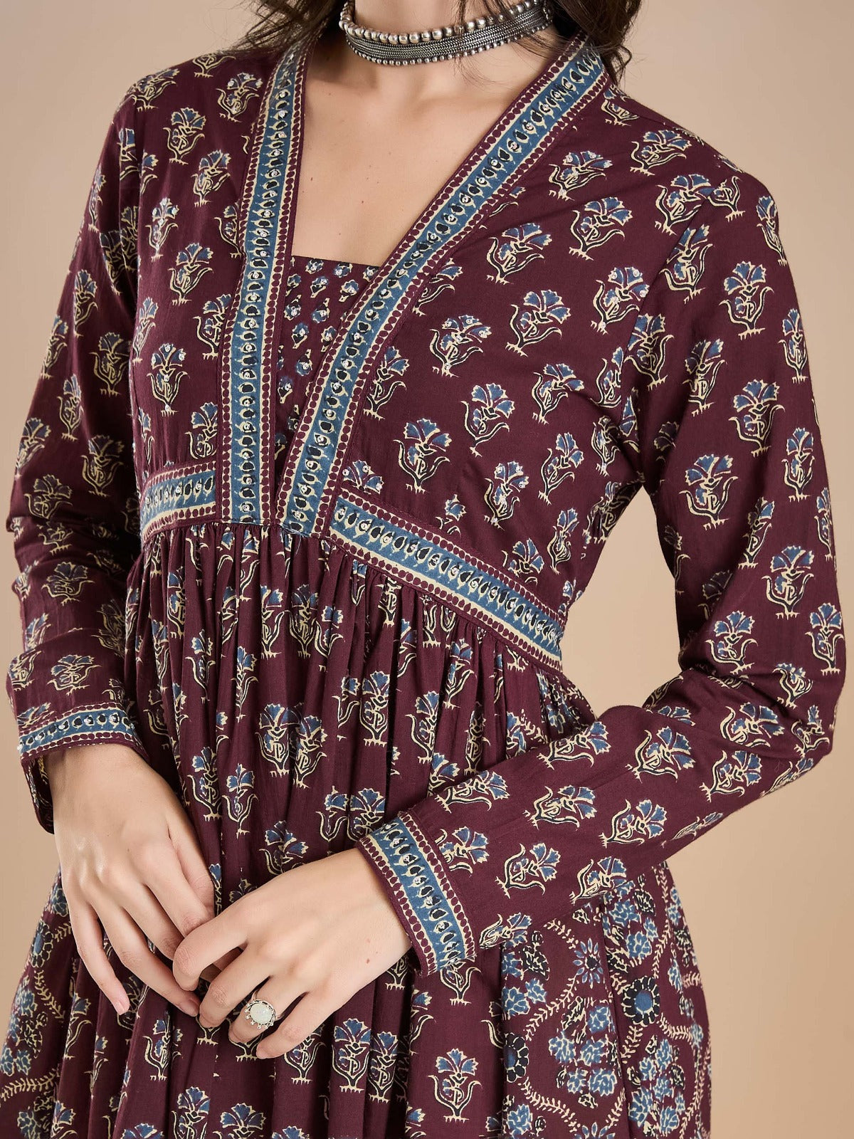 Wine Floral Print Pure Cotton Flared Anarkali Kurta