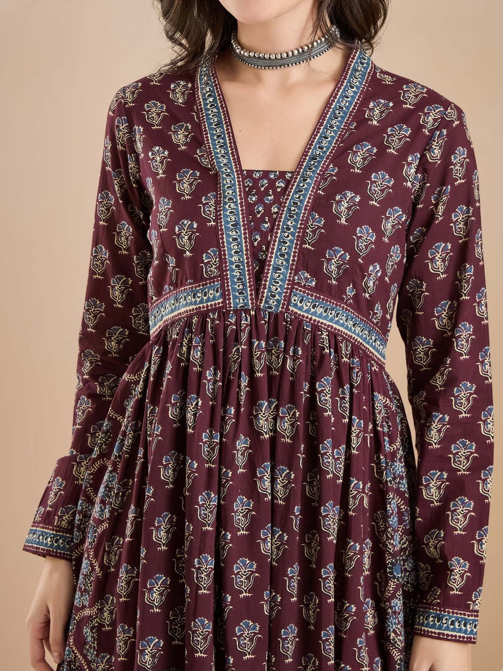 Wine Floral Print Pure Cotton Flared Anarkali Kurta
