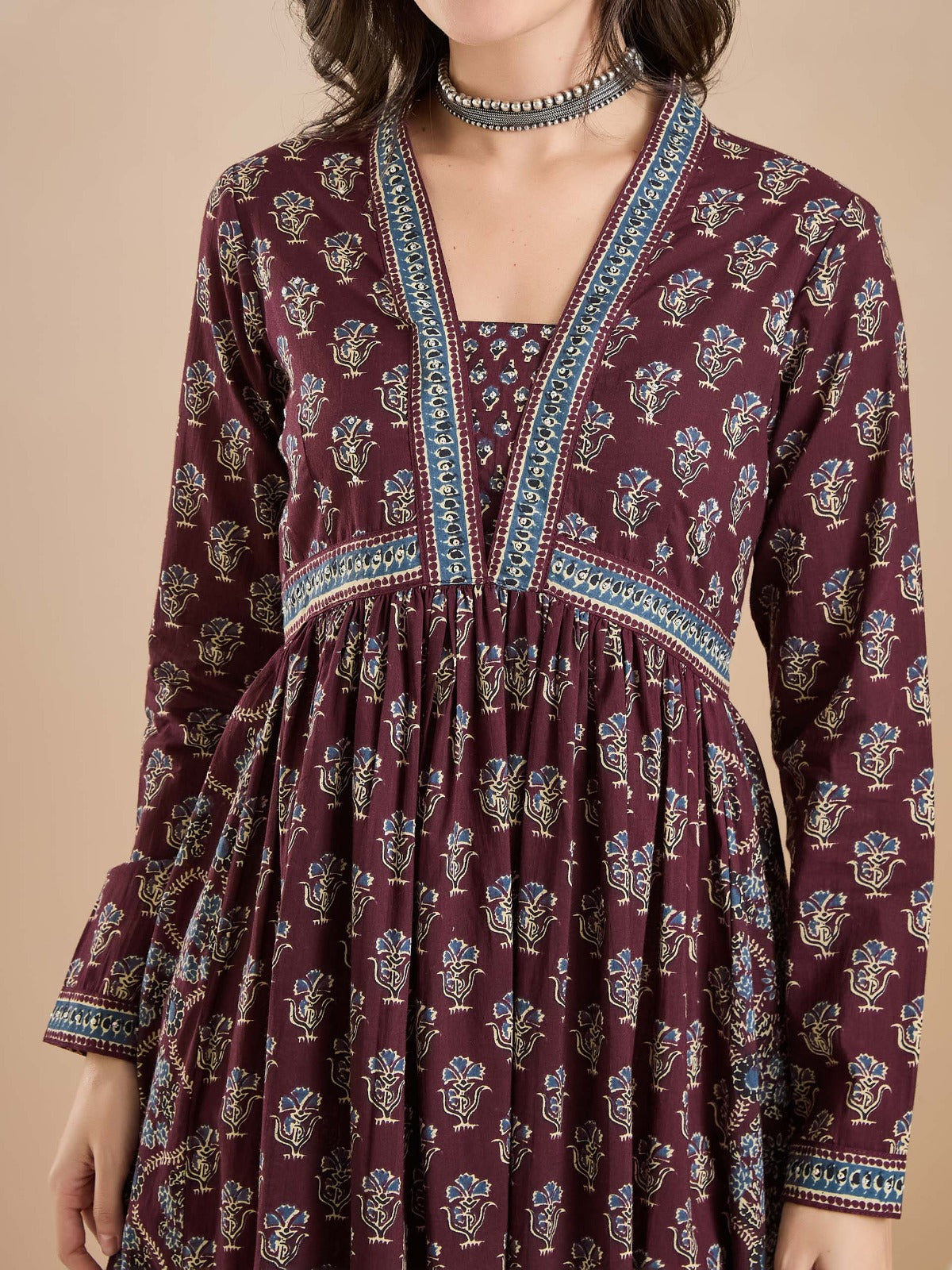 Wine Floral Print Pure Cotton Flared Anarkali Kurta