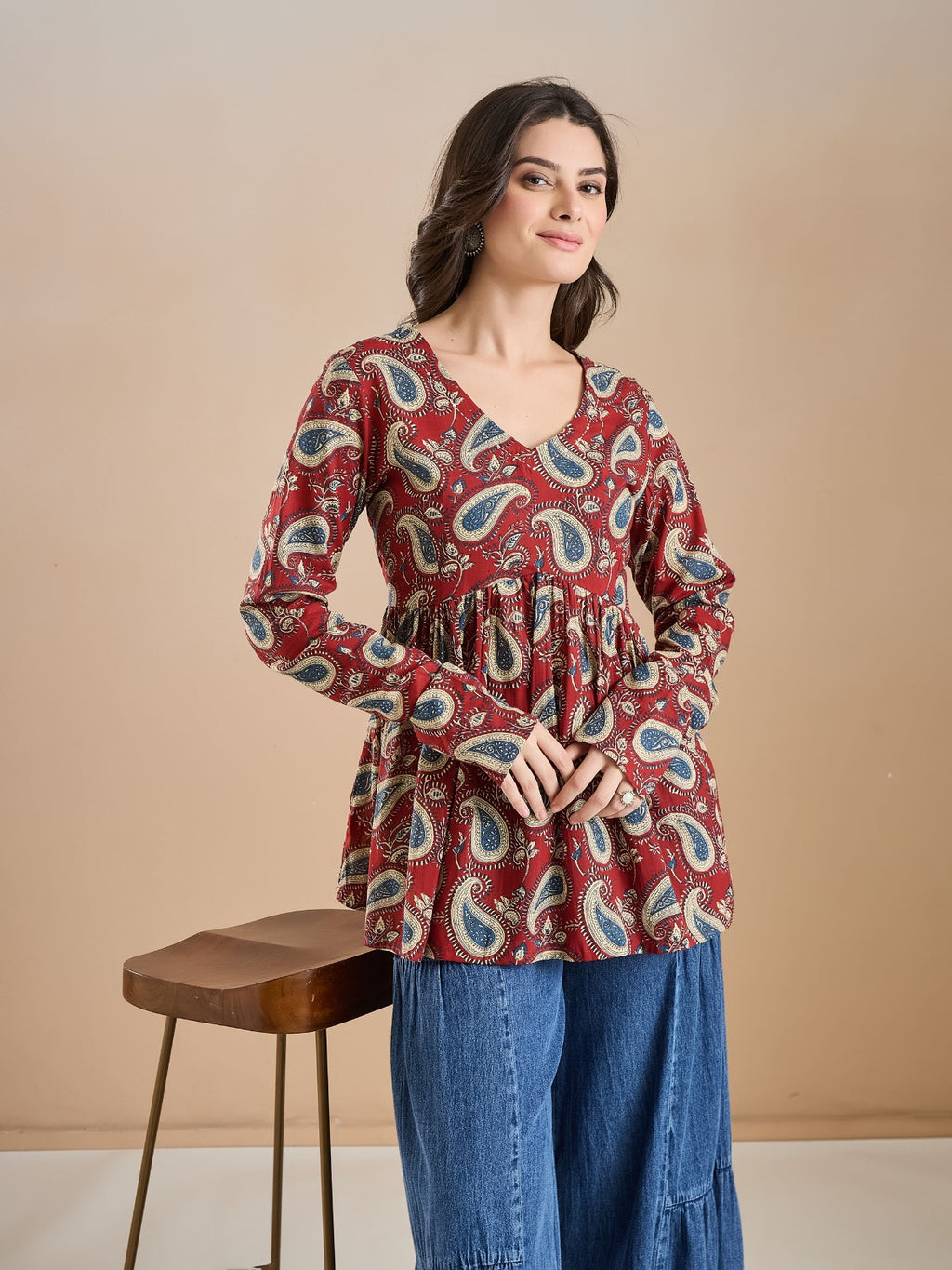 Maroon Paisley Print Flared Cotton Top