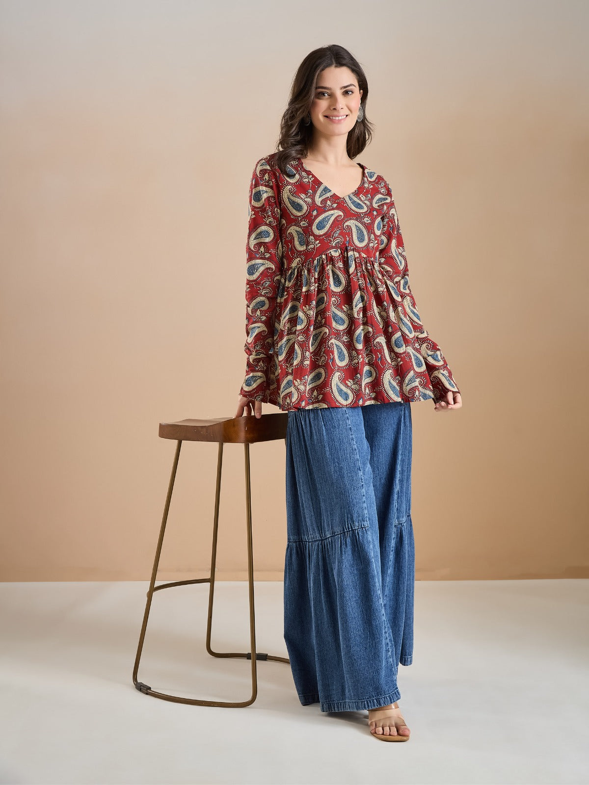 Maroon Paisley Print Flared Cotton Top
