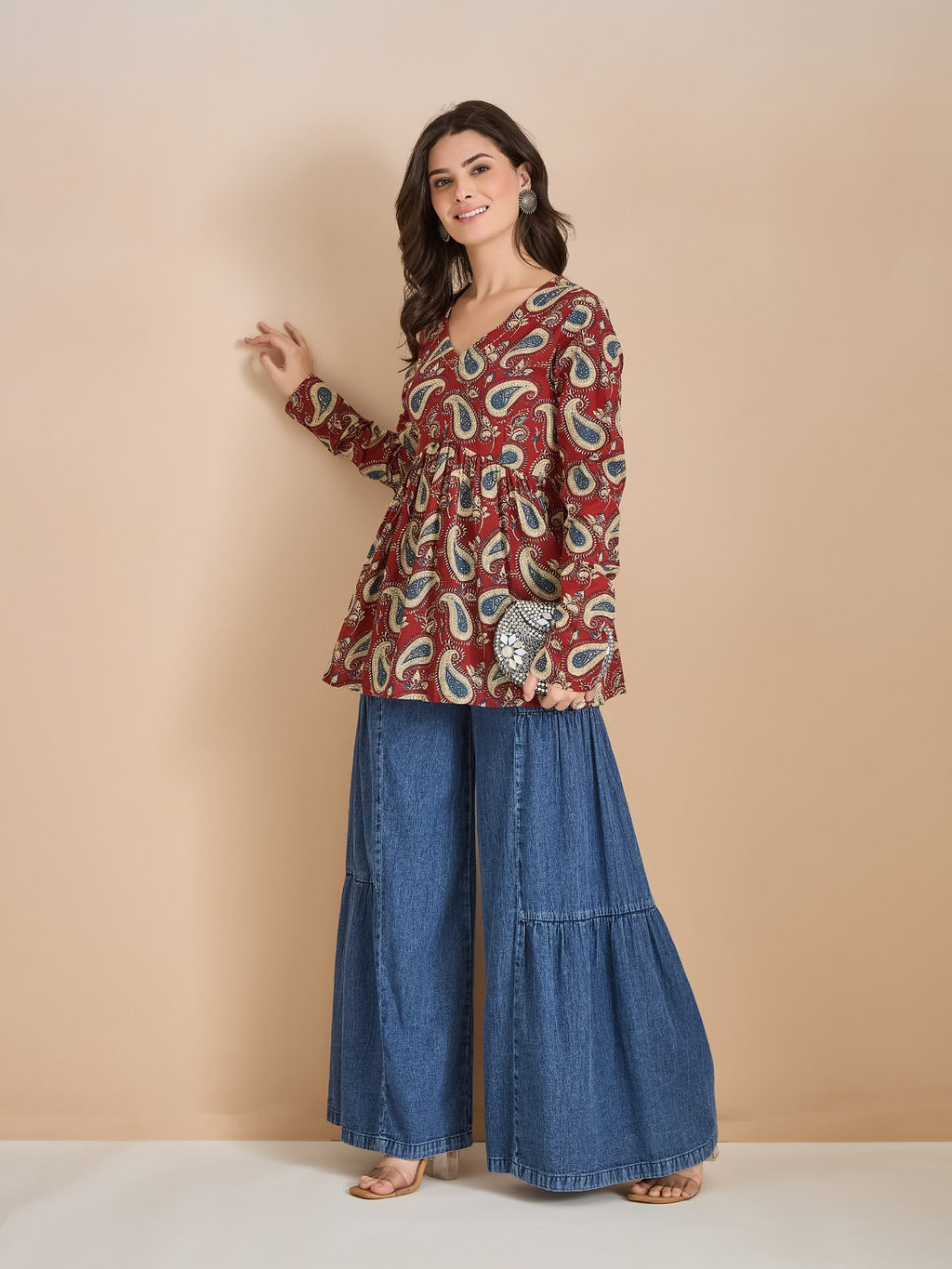 Maroon Paisley Print Flared Cotton Top