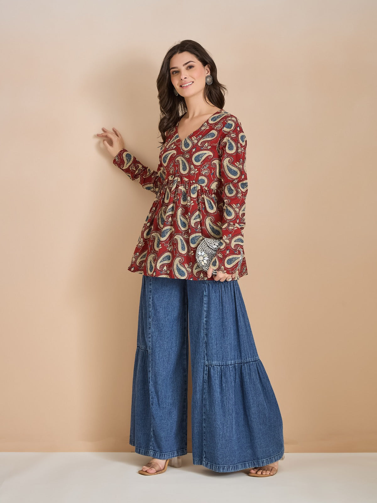 Maroon Paisley Print Flared Cotton Top