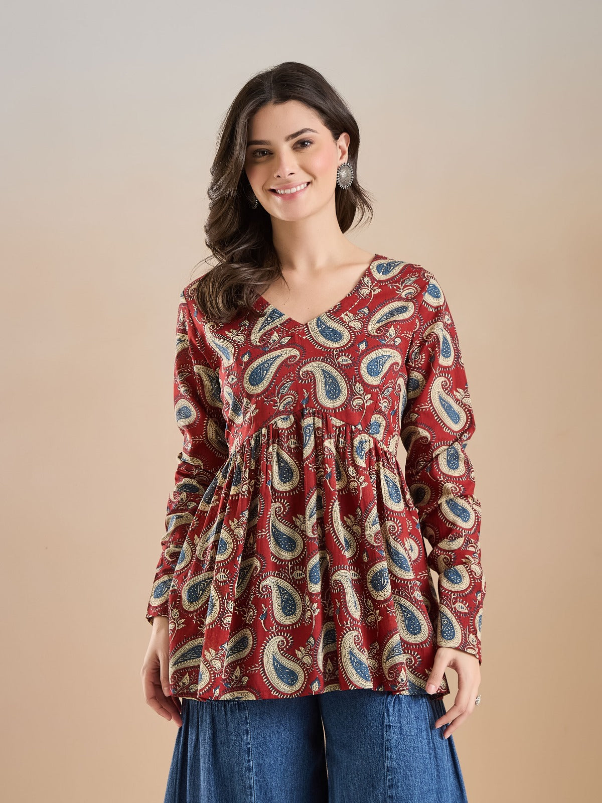 Maroon Paisley Print Flared Cotton Top