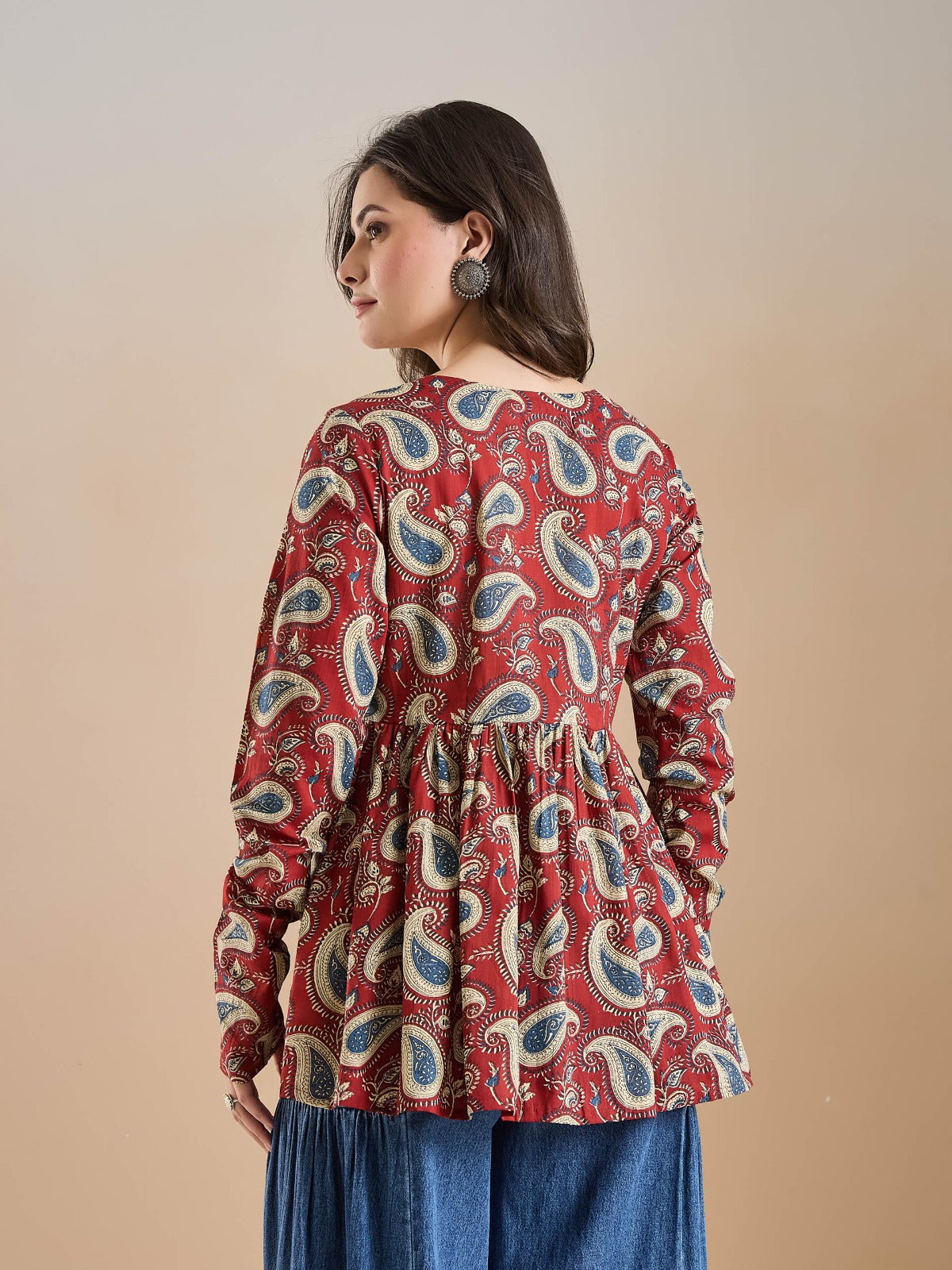 Maroon Paisley Print Flared Cotton Top