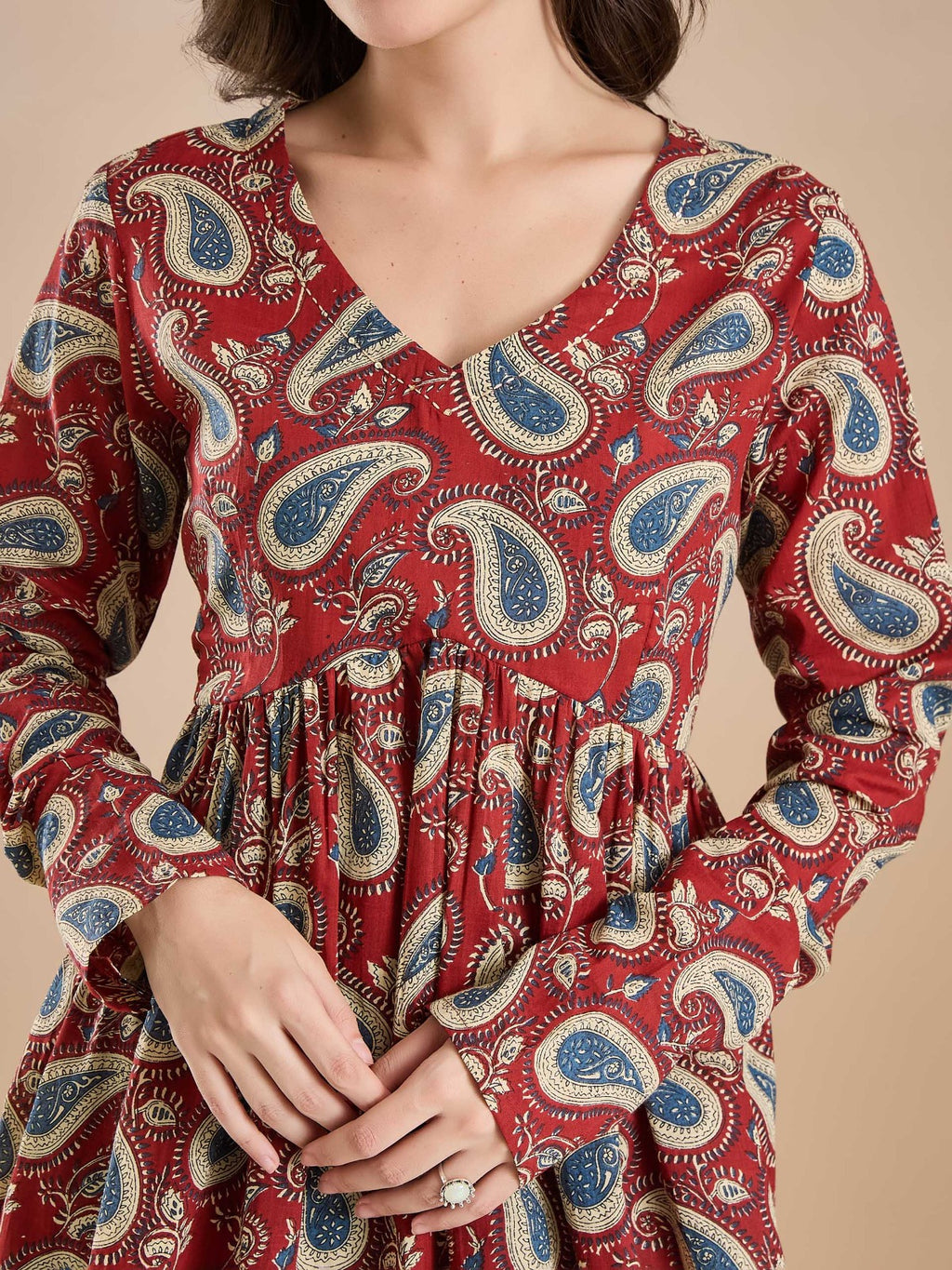 Maroon Paisley Print Flared Cotton Top