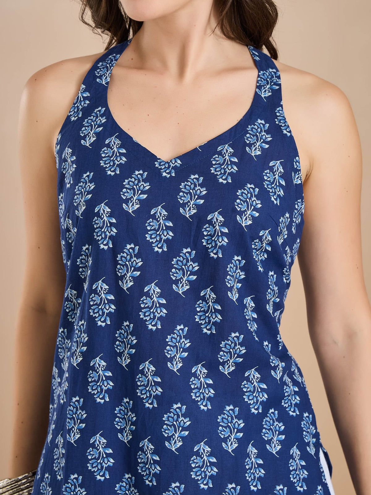 Indigo Blue Floral Pure Cotton Halter-Back Short Kurti Top