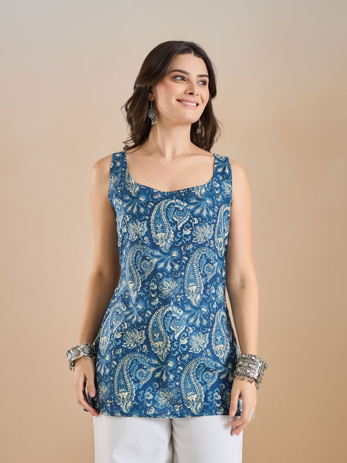 Blue Paisley Print Strappy Short Kurti Top