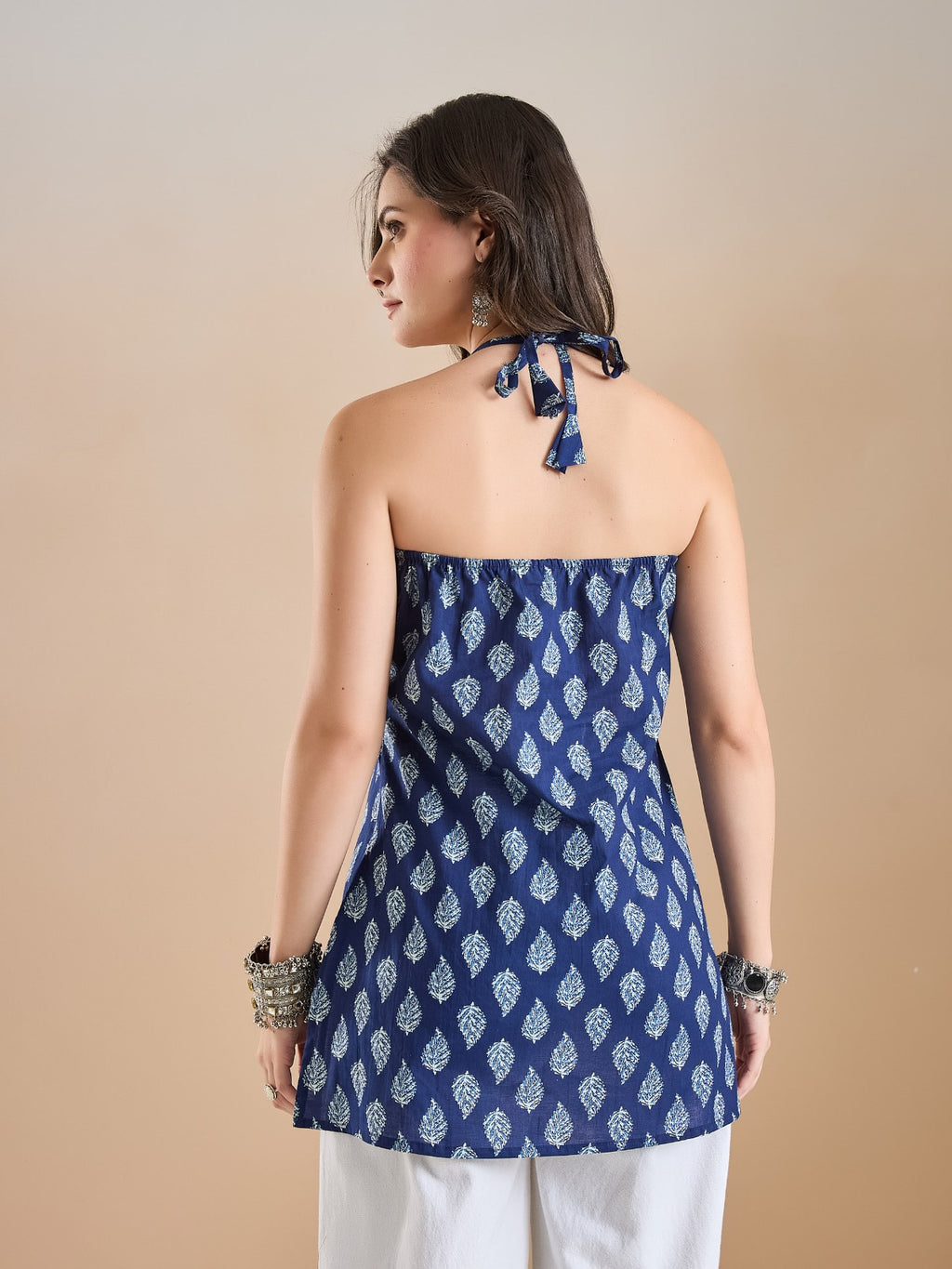 Indigo Leaf Print Pure Cotton Halter-Neck Short Tunic
