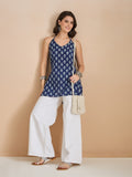 Indigo Leaf Print Pure Cotton Halter-Neck Short Tunic