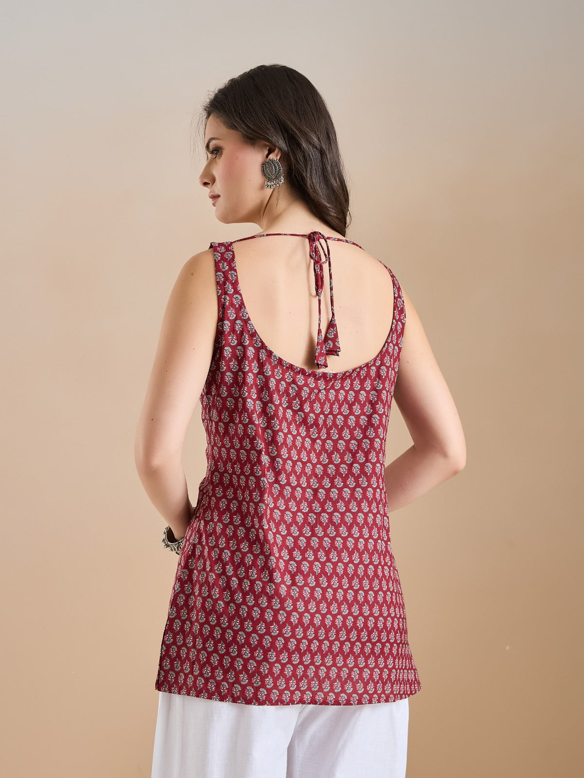 Maroon Printed Strappy Short Kurti