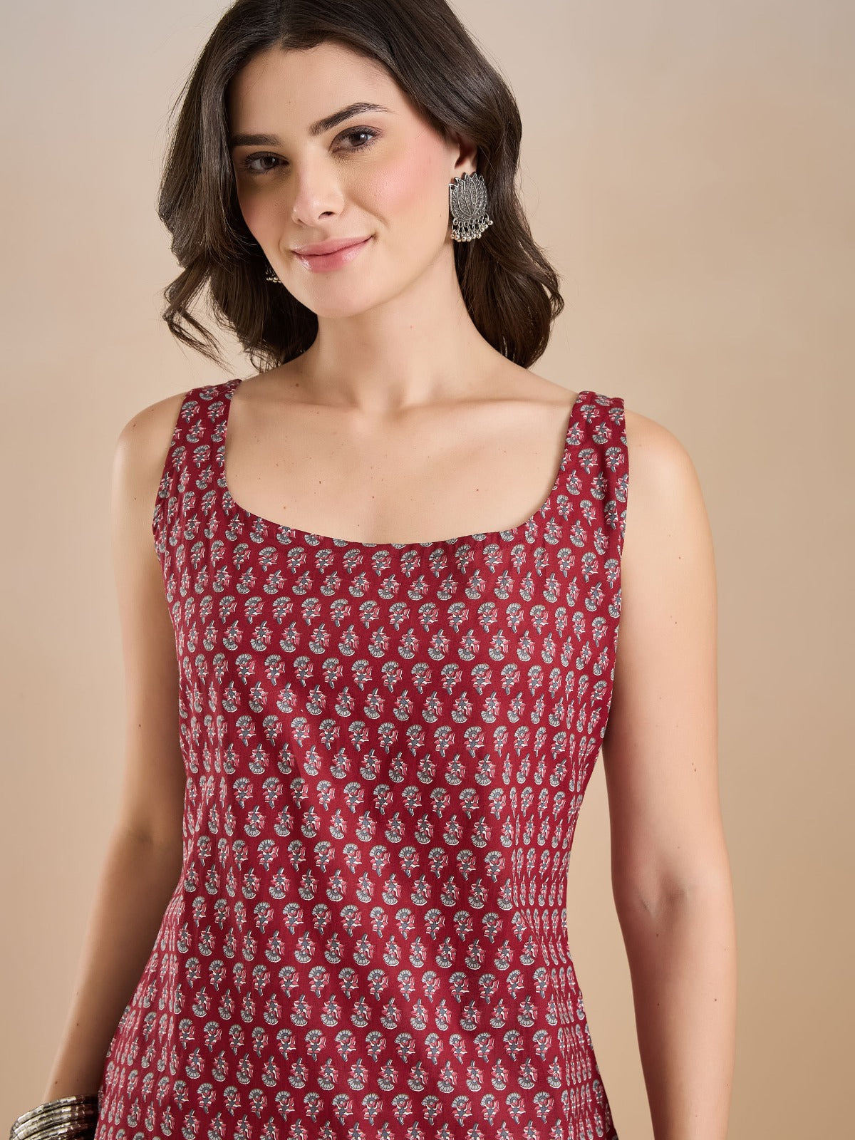 Maroon Printed Strappy Short Kurti