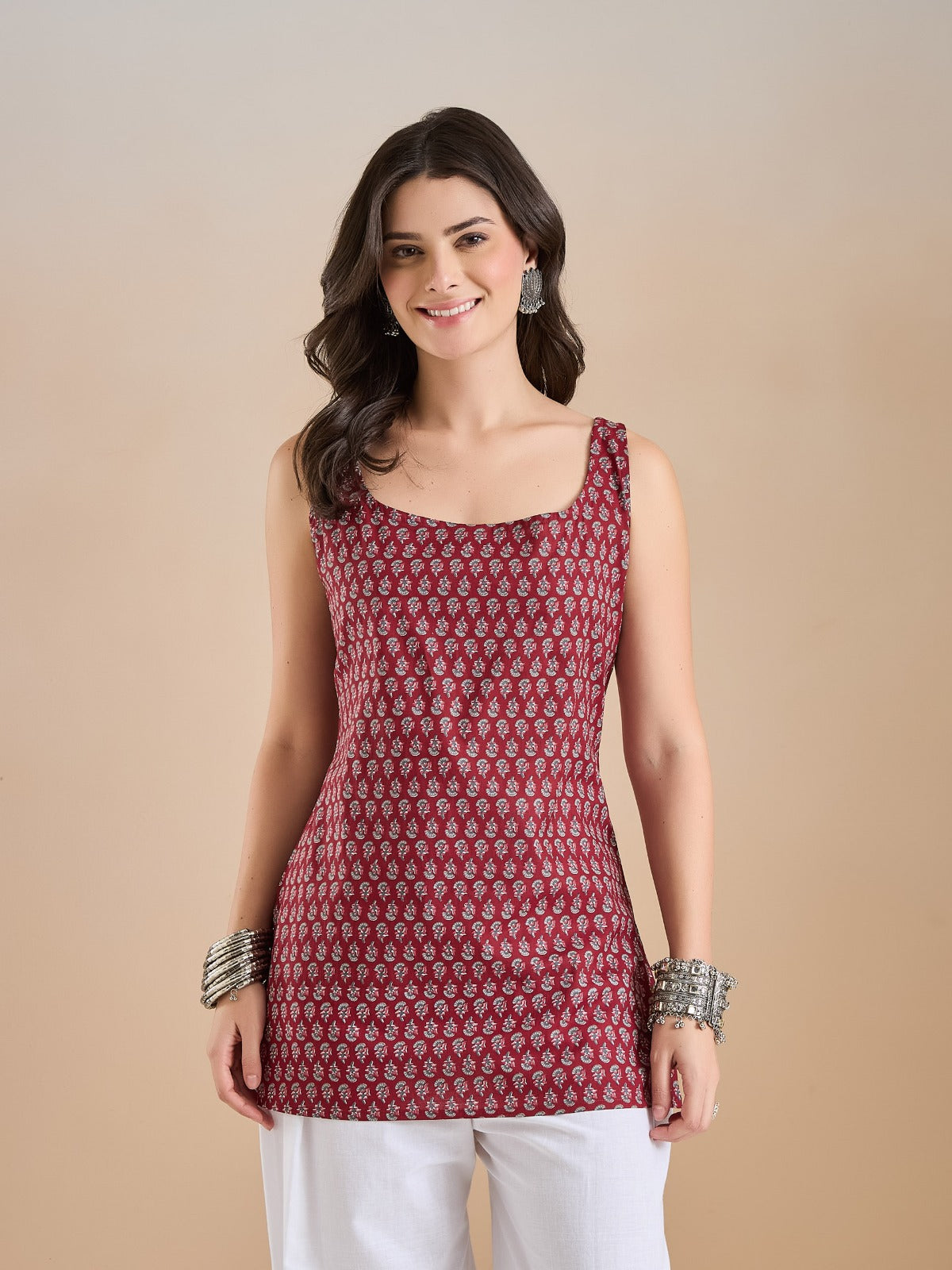 Maroon Printed Strappy Short Kurti