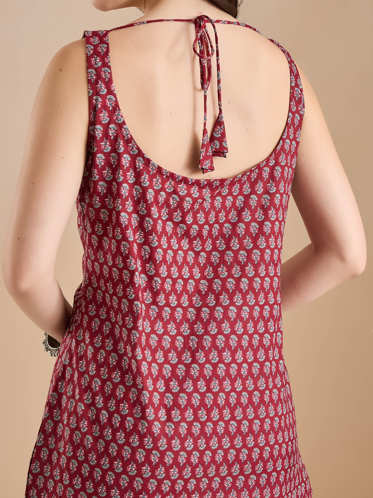 Maroon Printed Strappy Short Kurti