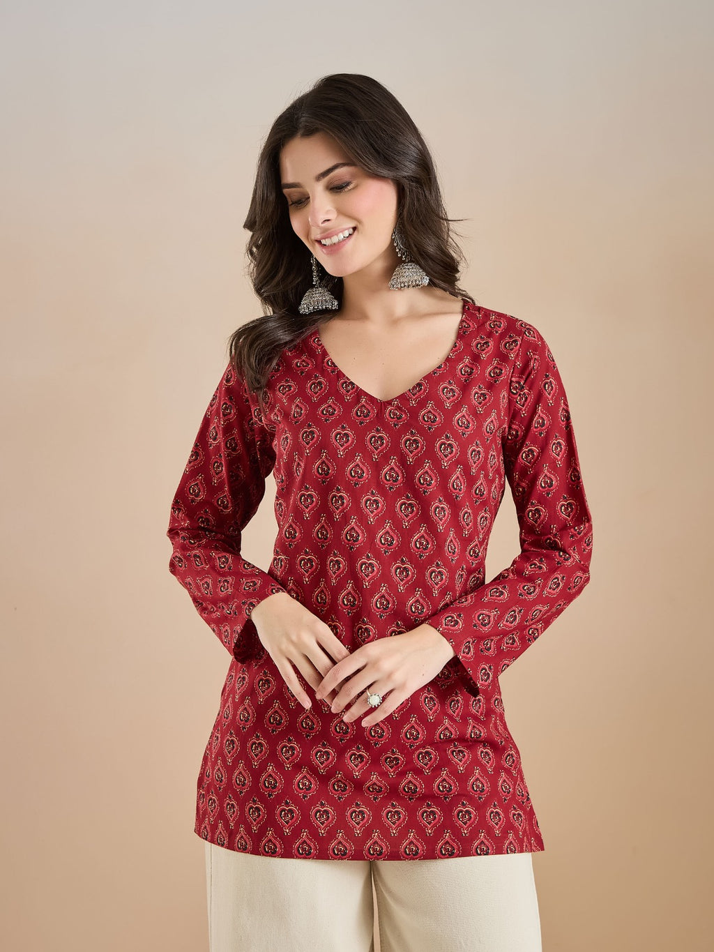Maroon Printed Pure Cotton Short Kurti