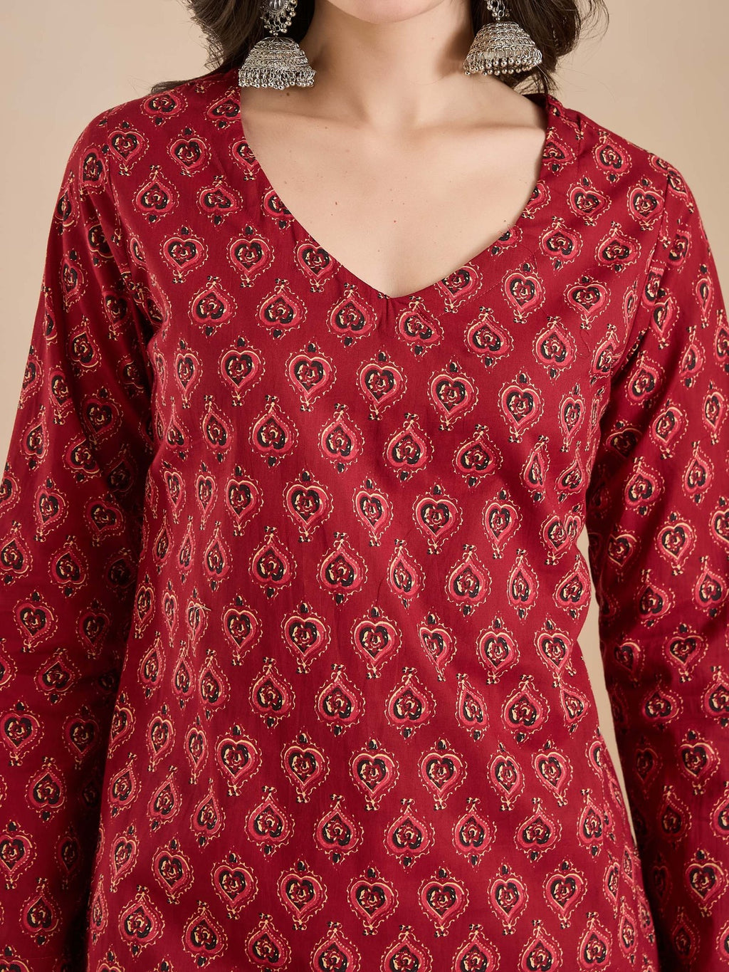 Maroon Printed Pure Cotton Short Kurti