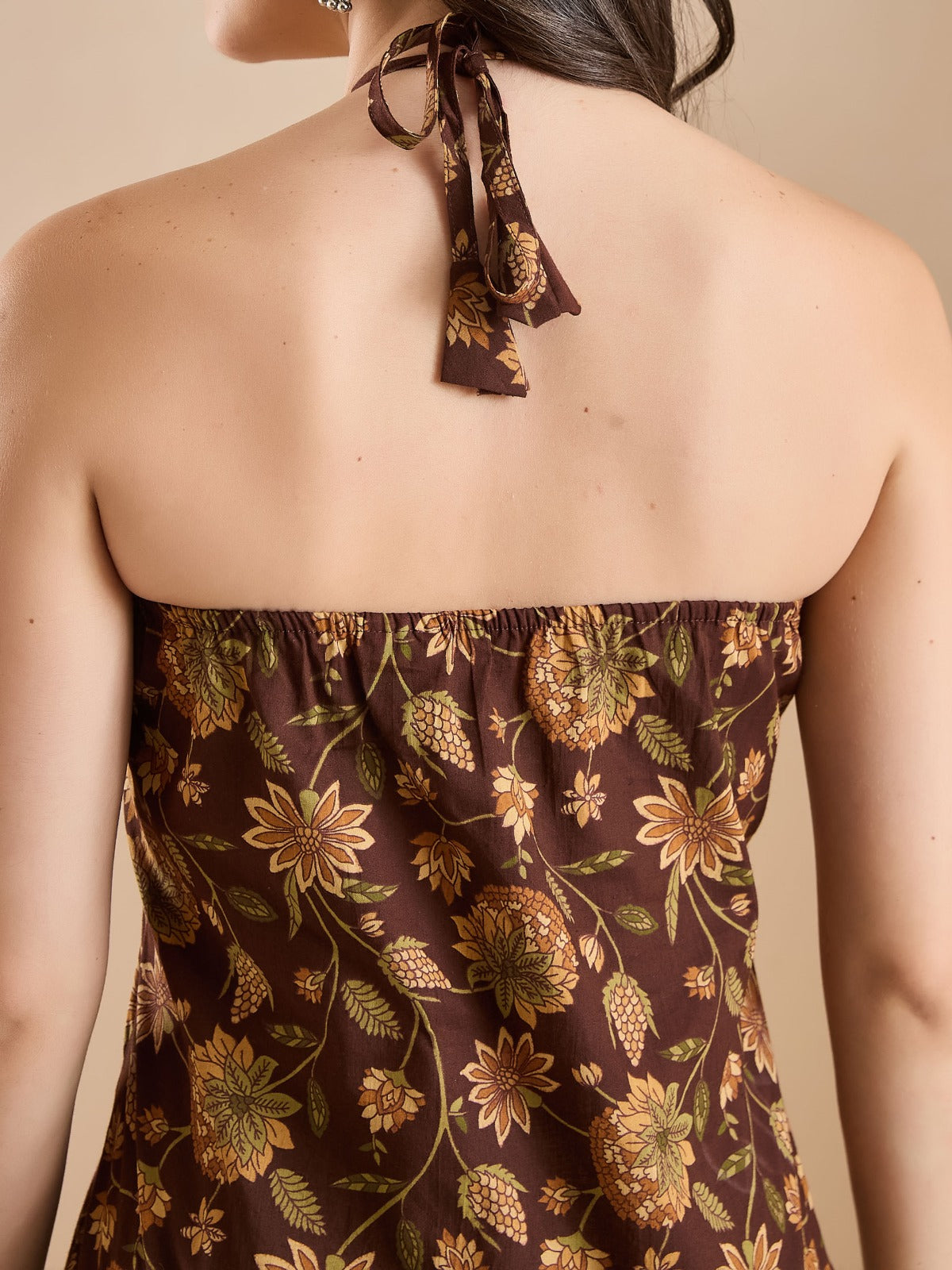 Brown Floral Printed Halter Neck Top