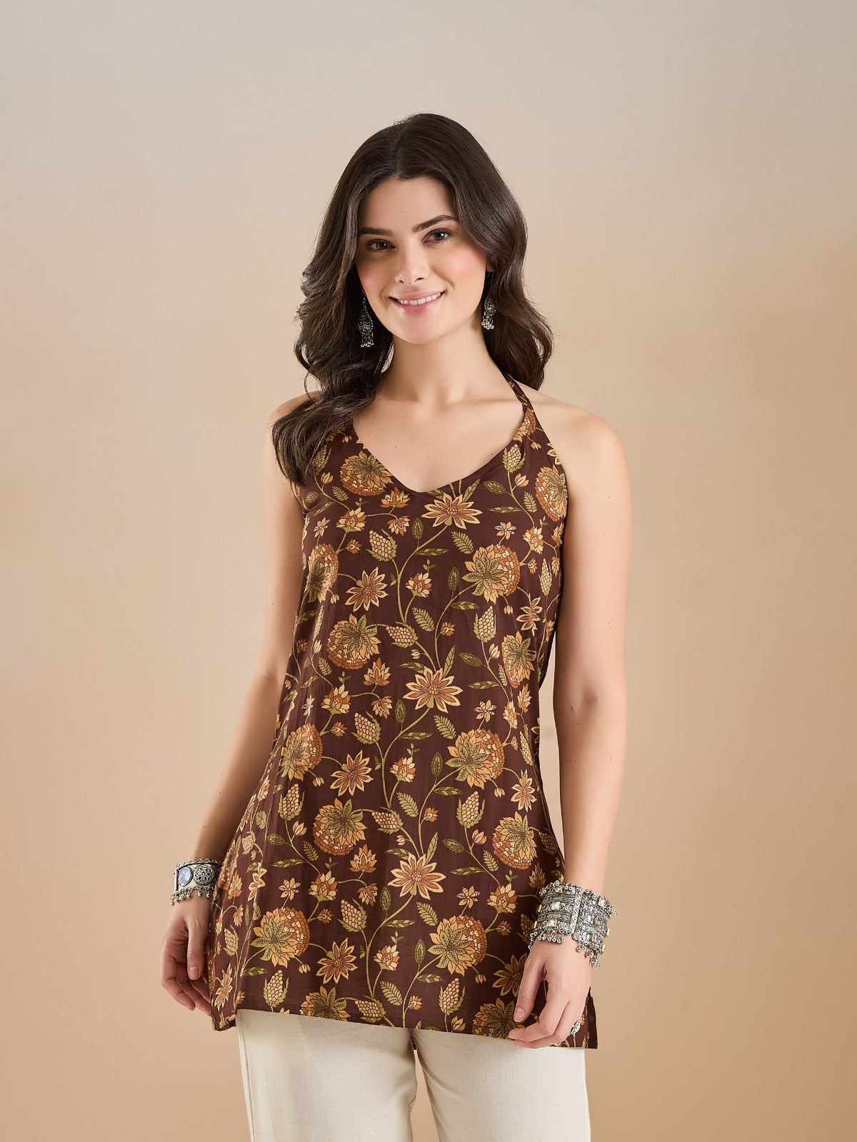 Brown Floral Printed Halter Neck Top