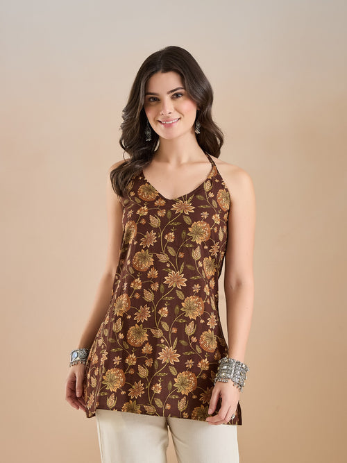 Brown Floral Printed Halter Neck Top