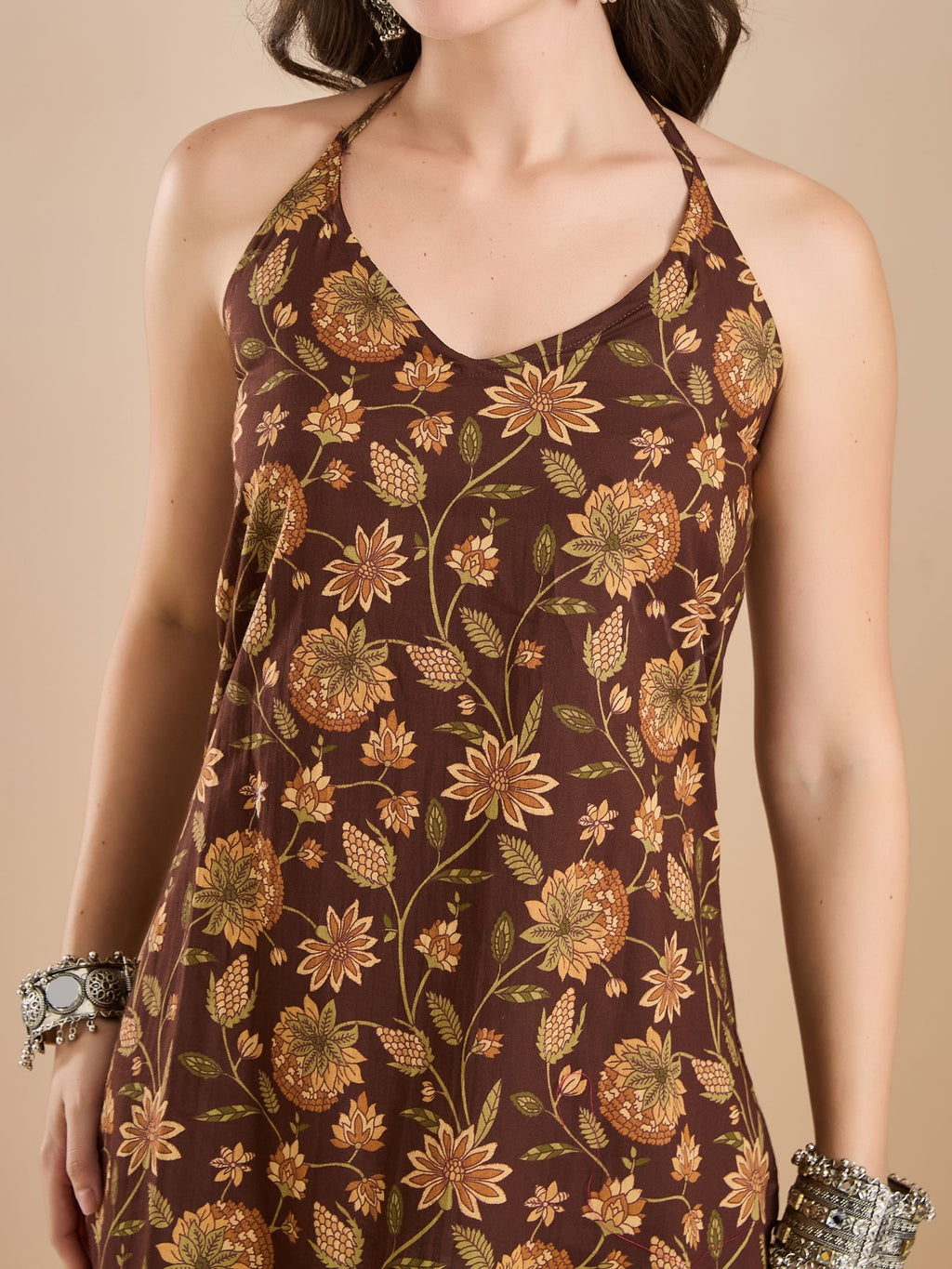 Brown Floral Printed Halter Neck Top