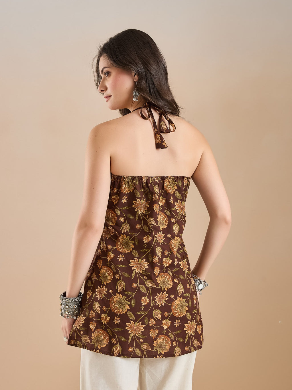 Brown Floral Printed Halter Neck Top