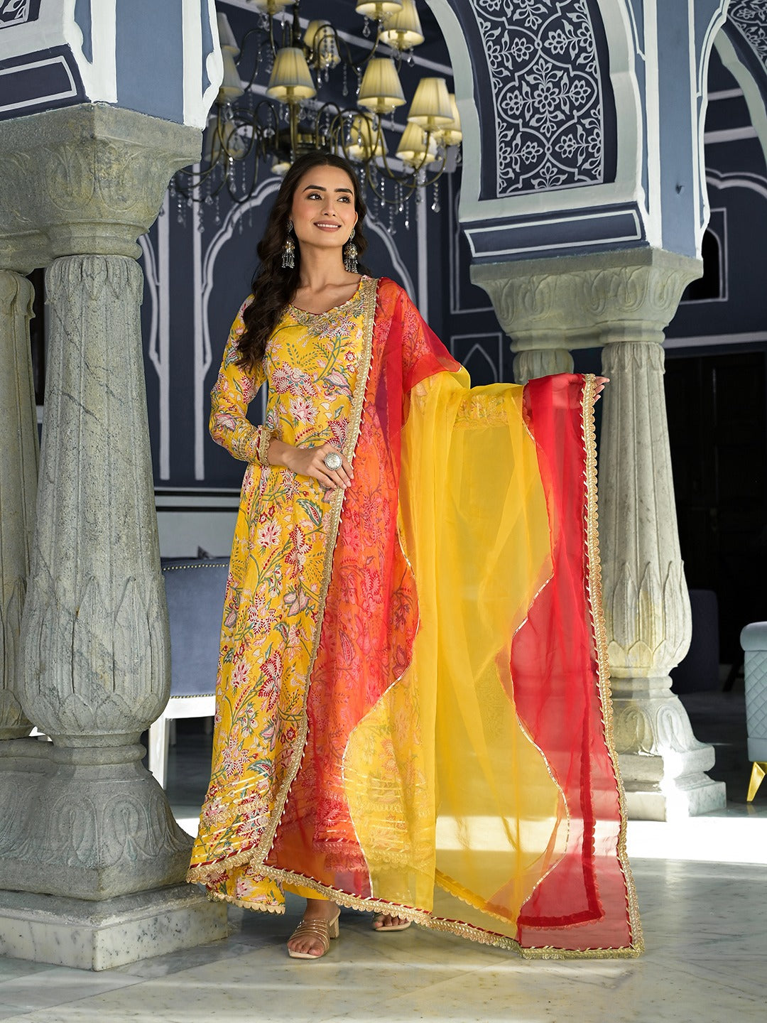 Yellow Floral Printed Anarkali Kurta Trouser Set With Organza Dupatta