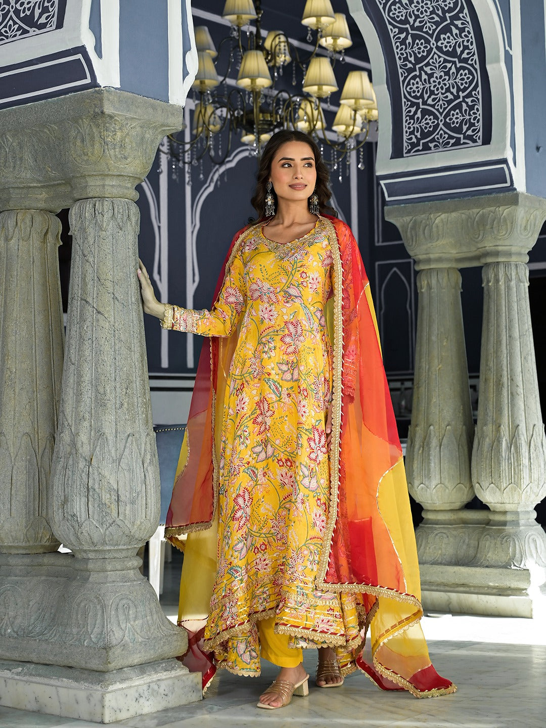 Yellow Floral Printed Anarkali Kurta Trouser Set With Organza Dupatta