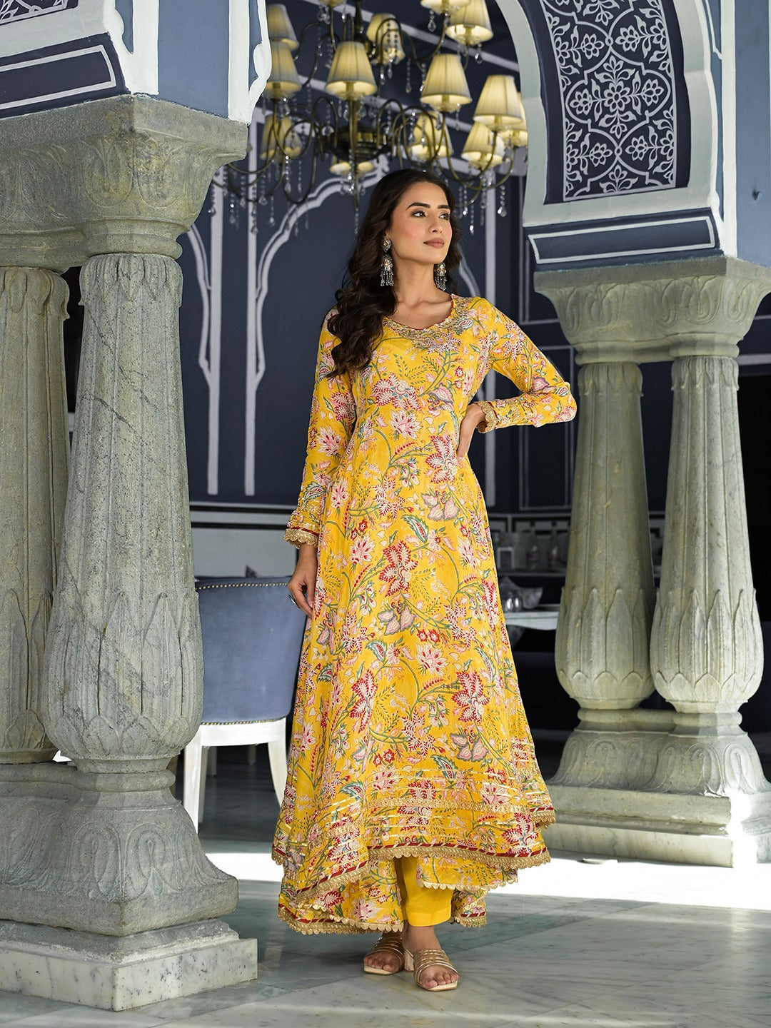Yellow Floral Printed Anarkali Kurta Trouser Set With Organza Dupatta