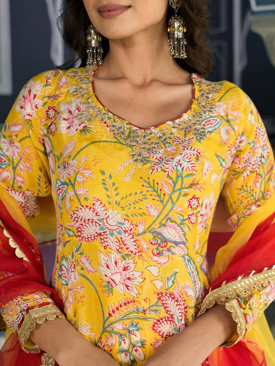 Yellow Floral Printed Anarkali Kurta Trouser Set With Organza Dupatta